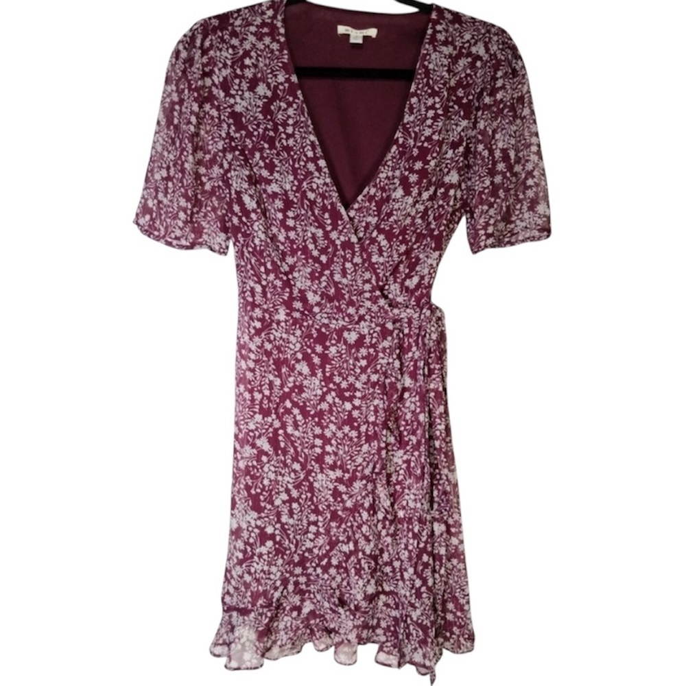 Cute Mi Ami Floral Burgundy Mini Wrap Casual Dress Size L - Picture 2 of 7